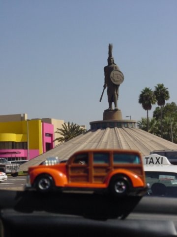 Woodie at Tijuana's statue of Cuauhtemoc, the last emperor of the Aztecs